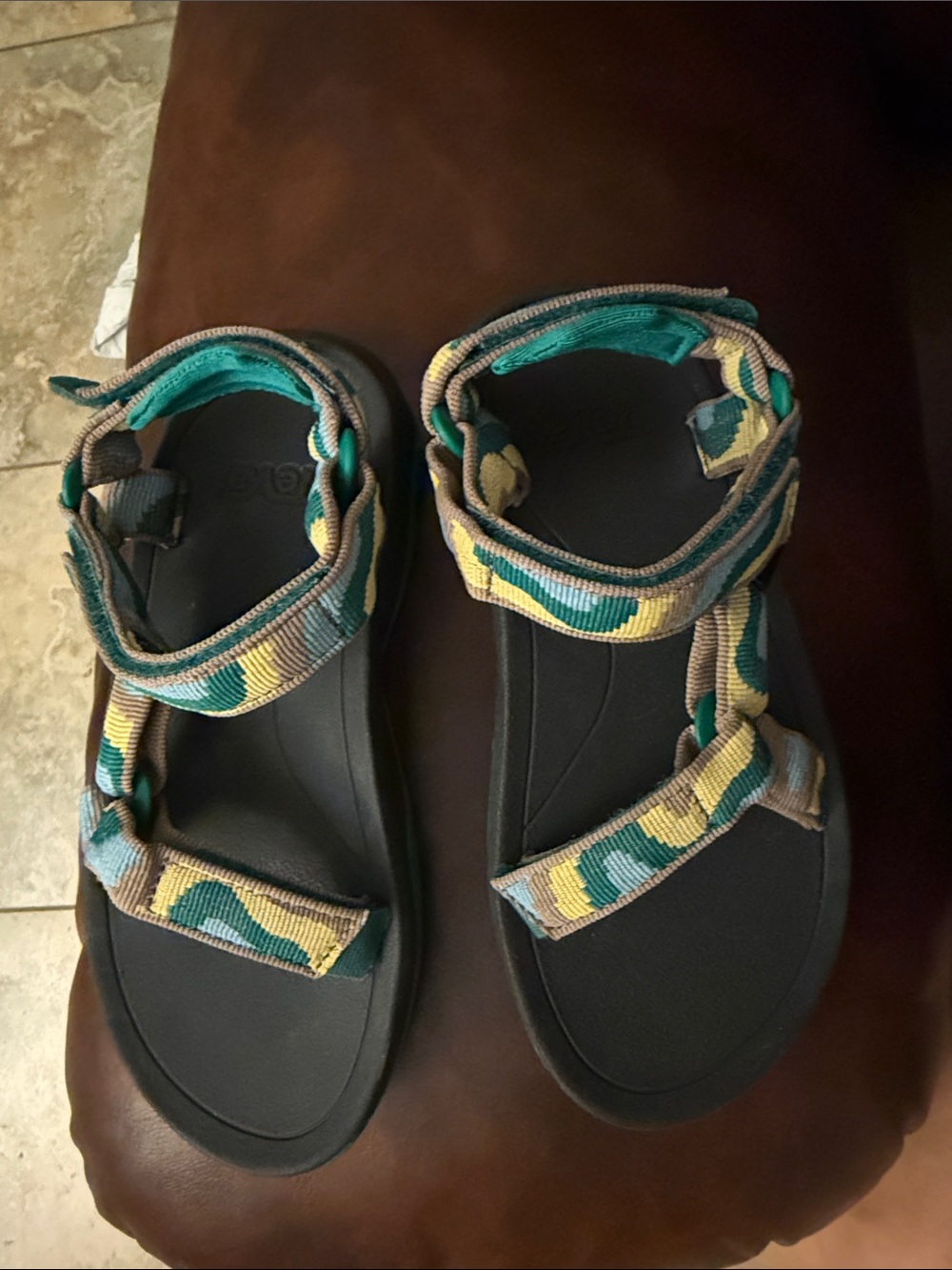 Teva Black Sandals with Teal and Yellow Patterned Straps
